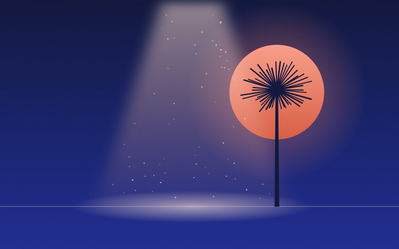A theatre stage under a single spotlight, a palm against a low coral moon.